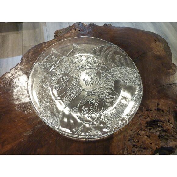 Vintage Cats Kittens Serving Plate Platter Clear Glass Embossed Cake Plate - Picture 1 of 4
